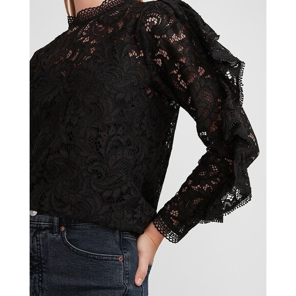 Express Lace Mock Neck Ruffle Sleeve Chic Elegant Top Blouse Unlined Black Sz S - Picture 3 of 12
